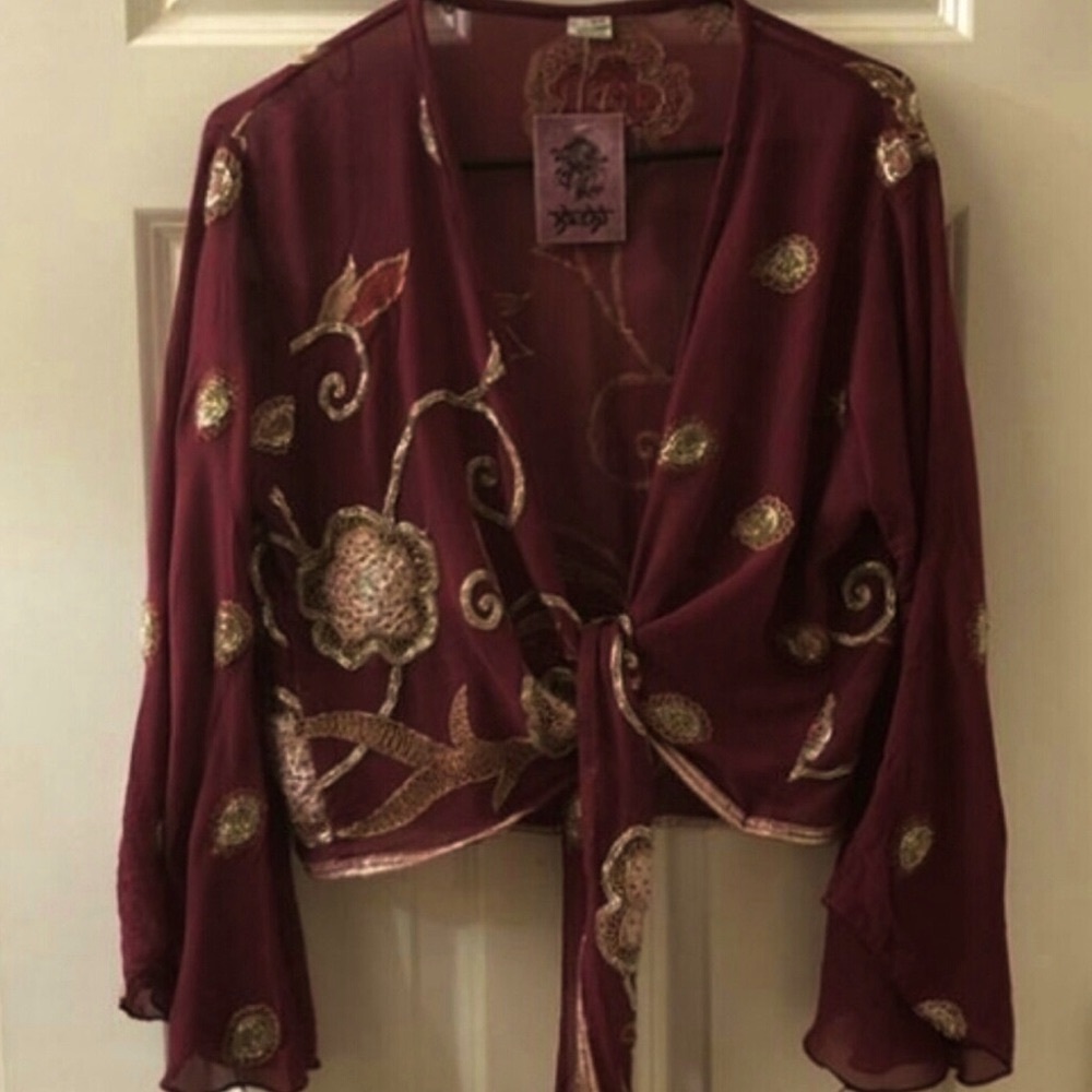 KASHI Silk Embellished Tie Front Top